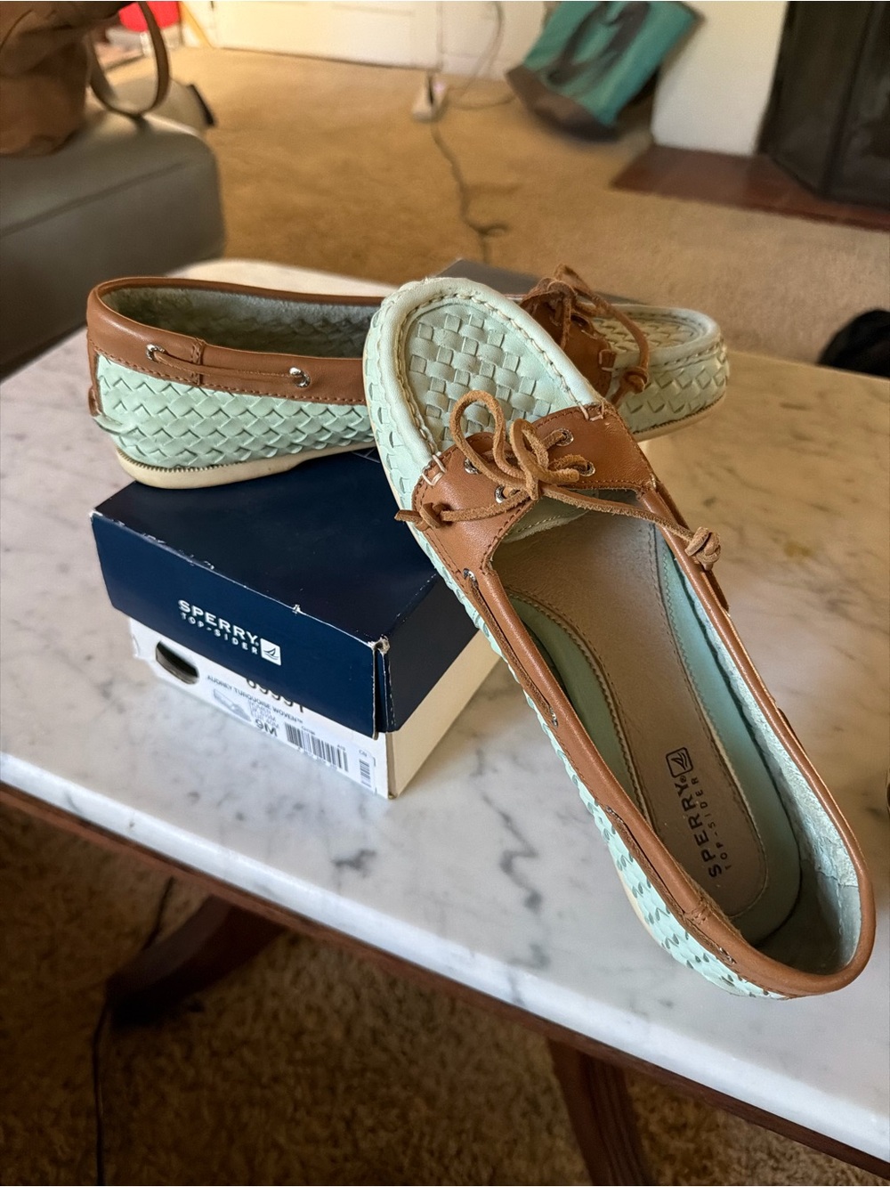 Sperry Mint Woven and Tan Leather Women's Boat Loafers
